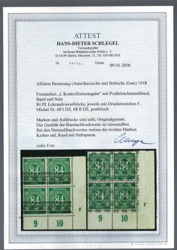 P) Bizone Mi 68 I/II Viererblock mit DZ F ** FA Schlegel BPP, ME _._
