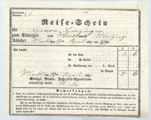 Baden Post-Eilwagen-Reiseschein von 1857