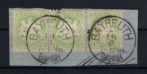 Bayern Mi 22 xa 3er-Streifen mit Bayreuth Bahnpoststempel