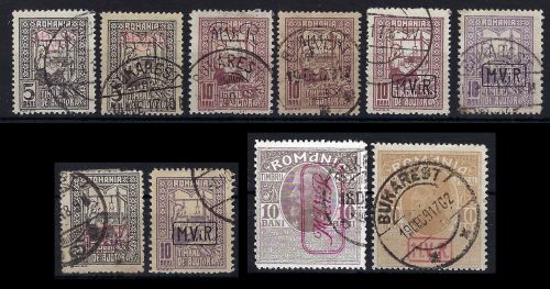 Militärverw. Rumänien, Zwangs-Zuschlagmarken, Lot aus Mi 1-7, ME 246€