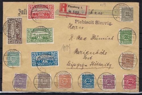 Schleswig Mi 1-20 Satzbrief echt befördert von Flensburg n. Leipzig