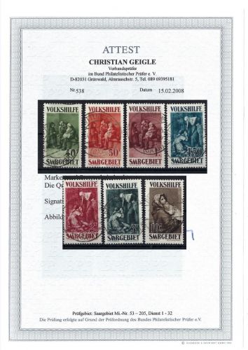 Saargebiet Mi 135-141 einheitlich gest. mit FA Geigle BPP, ME 260€
