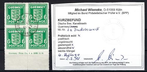 D. Bes. Guernsey Mi 1a ° Viererblock-UR mit DV, KB Wieneke BPP