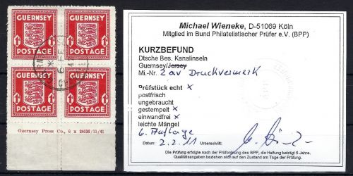 D. Bes. Guernsey Mi 2 av ° Viererblock-UR mit DV, KB Wieneke BPP