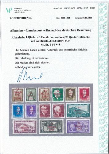C) D. Bes. Albanien, Mi 1-14 ** einwandfrei, Attest Brunel VP, ME 500
