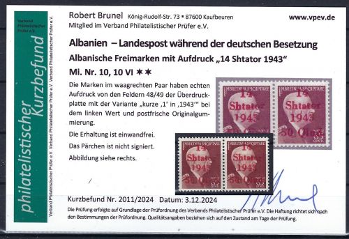 C) D. Bes. Albanien Mi 10 Paar einwandfrei, mit PF VI, KB Brunel VP