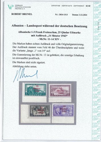 C) D. Bes. Albanien Mi 11-14XIV ** (Mi 13 Mängel), Brunel VP, ME 1.950€