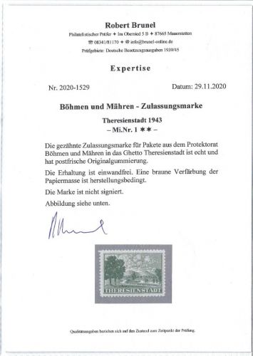 C) B&M, Theresienstadt, Mi 1** einwandfrei, Attest Brunel , ME 700€