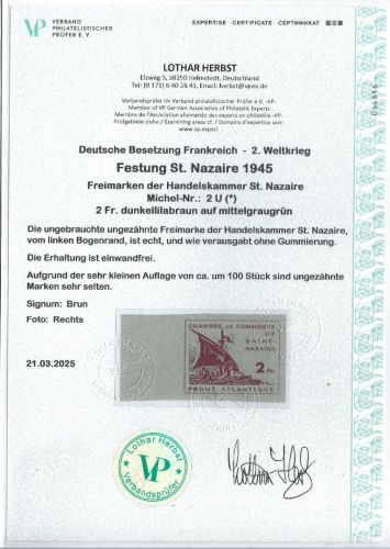 C) D. Bes. Frankreich, Mi 2U(*) wie verausgabt Attest Herbst VP, ME 600€