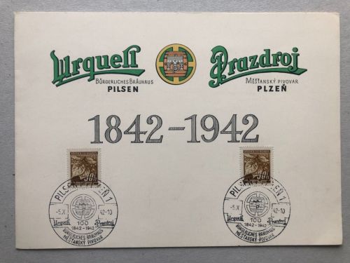 P) B&M Erinnerungsblatt URQUELL Brauerei Pilsen 1842-1942, selten