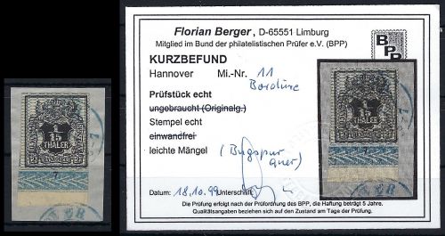 P) Hannover Mi 11 UR mit Bordüre, Briefstück, KB Berger BPP