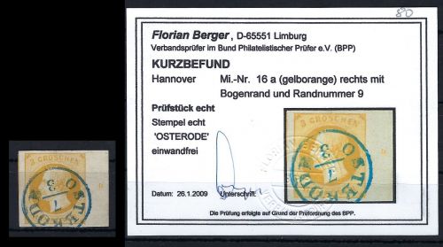 P) Hannover Mi 16 a ° Randstück mit RZ 9, Luxus Qualität, KB Berger BPP