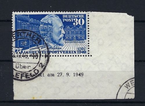 P) Bund Mi 116 ° Eckrand UR, A Bogen, Druckdatum 27.9.1949, ungefaltet