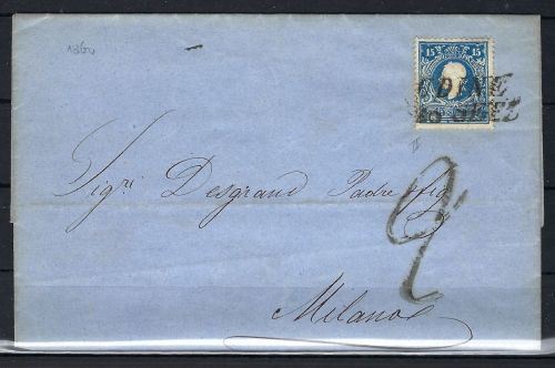 P) Lombardei-Venetien Mi 11 II EF Udine n. Mailand, Taxe Stemp.
