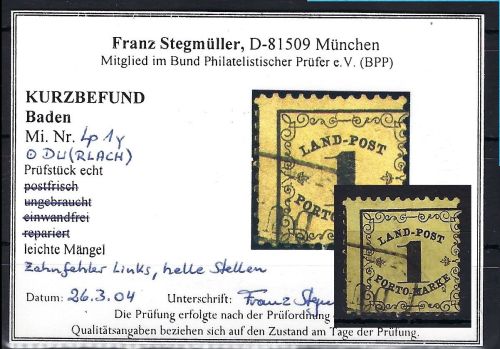 Baden LP / Porto Mi 1y °, KB Stegmüller BPP, ME 750€, leichte Mängel