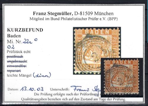 Baden Mi 22 a ° , KB Stegmüller BPP, ME 3.000€, leichte Mängel