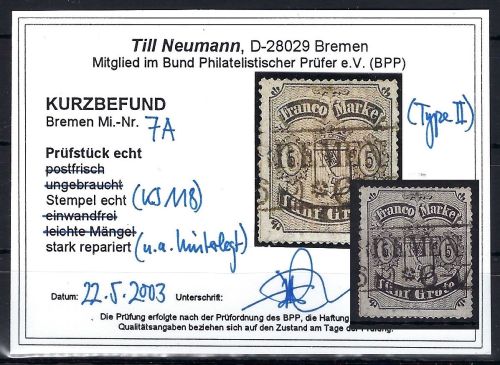Bremen Mi 7 A ° mit KB Neumann BPP, ME 300€, Mängel
