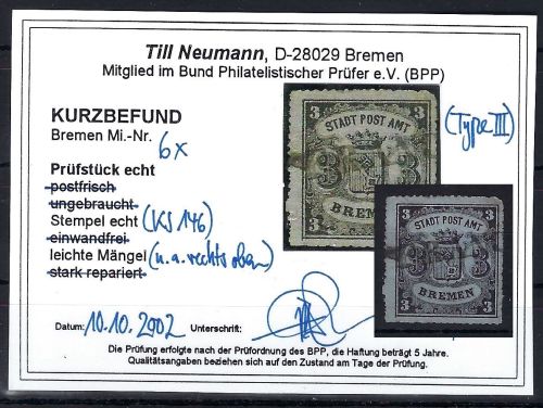 Bremen Mi 6 x ° mit KB Neumann BPP, ME 900€, leichte Mängel