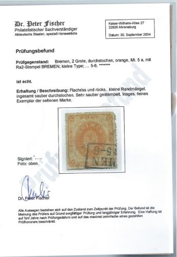 Bremen Mi 5 a ° mit Befund Dr. Fischer, ME 2.200€, Mängel