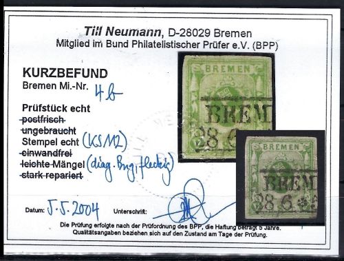 Bremen Mi 4 b ° mit KB Neumann BPP, ME 380€, Mängel