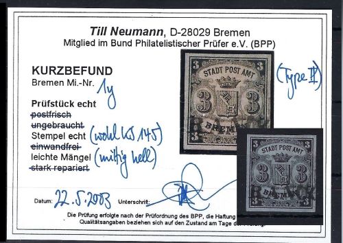 Bremen Mi 1 y ° mit KB Neumann BPP, ME 350€, leichte Mängel