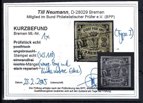Bremen Mi 1 x ° mit KB Neumann BPP, ME 750€, Mängel