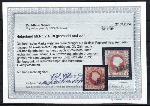 Helgoland Mi 7 a ° mit Befund Schulz BPP, ME 380€, Mängel