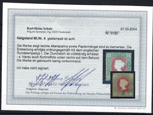 Helgoland Mi 4 ° mit Befund Schulz BPP, ME 600€, leichte Mängel