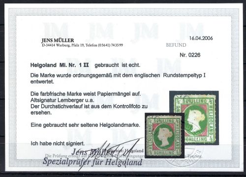 Helgoland Mi 1 II ° mit Befund J. Müller, ME 2.200€, Mängel