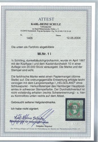 Helgoland Mi 1 I ° mit FA Schulz BPP, ME 1.300,