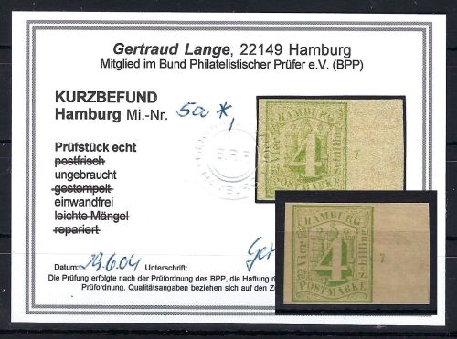 Hamburg Mi 5 a * mit Falz, Randstück mit RZ 5, KB lange BPP, mE 100€