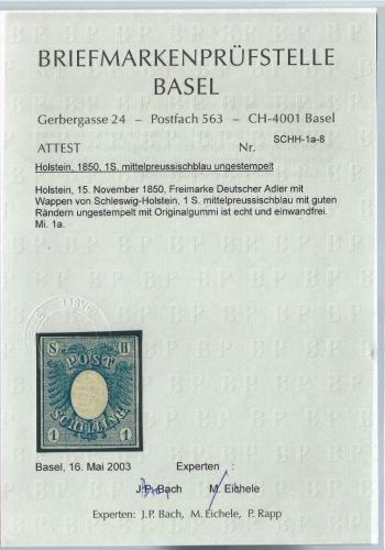 Schleswig Holstein Mi 1 a (*) ohne Gummi, Attest Prüfstelle Basel, ME 400€