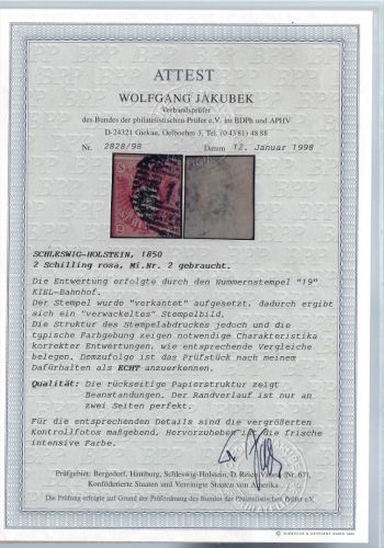 Schleswig Holstein Mi 2 °, FA Jakubek BPP, ME 9.000€, SELTENE MARKE !!