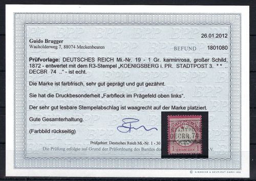 DR Mi 19 ° "Frabfleck im Prägefeld oben links", Befund Brugger BPP