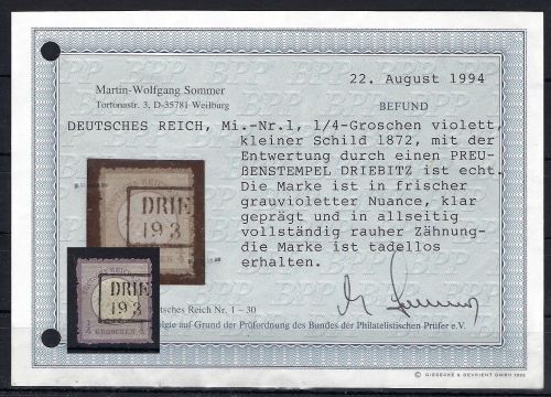 DR Mi 1 ° mit Preußen St. Nachverwendung, Befund Sommer BPP