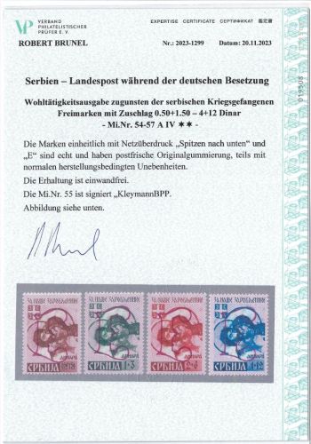 C) D. Bes. Serbien Mi 54-57 IV ** einwandfrei, Attest Brunel VP, ME 350€