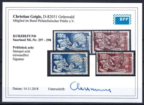 C) Saarland Mi 297-298 ° mit KB Geigle BPP, ME 320€, einwandfrei