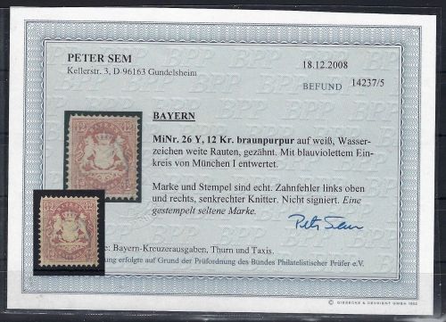 Bayern Mi 26 Y ° mit Befund Sem BPP, seltene Marke ! Mängel