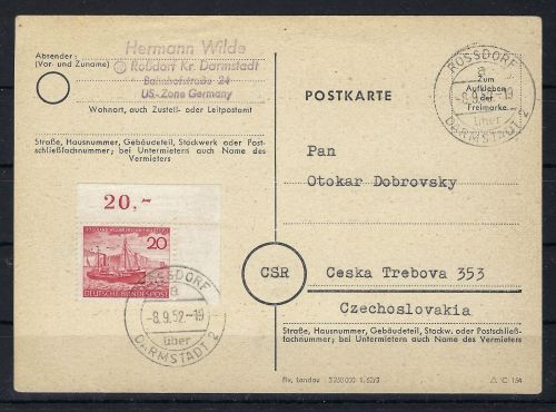 P) Bund Mi 152 Eckrand OR auf Auslandspostkarte, portogerecht