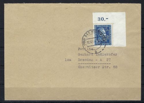 P) Bund Mi 147 ° auf adressierten Brief, Eckrand OR