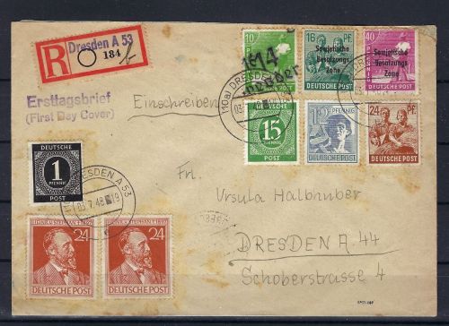 C) SBZ Mi 188, 193 FDC, R-Brief Dresden, geprüft Petzold BPP BPP