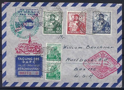 C) Bizone, Luftpost 1. Ballonpost 1949, Bergneustadt n. Marlboro USA