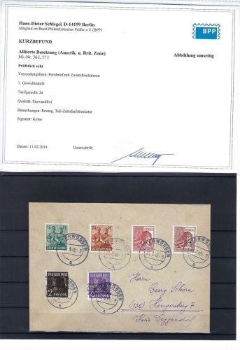 C) Bizone FDC Teil-Zehnfachfrankatur, Befund Schlegel BPP, portogerecht