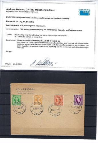 C) AM Post FDC Mi 3-4, 7 mit Notstempel Aachen 19.3.45, Schlegel BPP