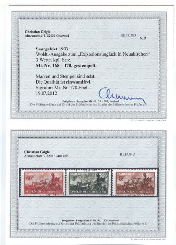 Saargebiet Mi 168-170 °, ME 200€, Befund Geigle BPP