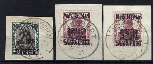 Saargebiet Mi 50-52 ° je auf Briefstück, ME 45€, gep. Braun BPP