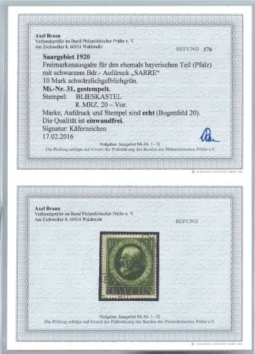 Saargebiet Mi 31 ° einwandfrei, ME 320€, Befund Braun BPP