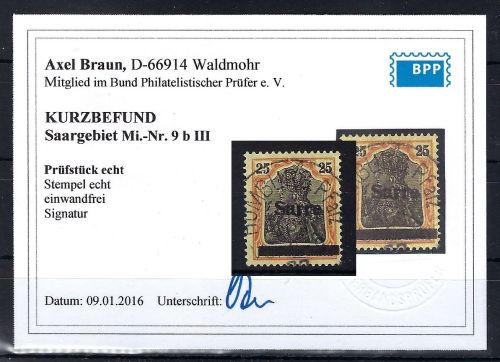 Saargebiet Mi 9 b III ° einwandfrei, ME 150€, KB gepr. Braun BPP