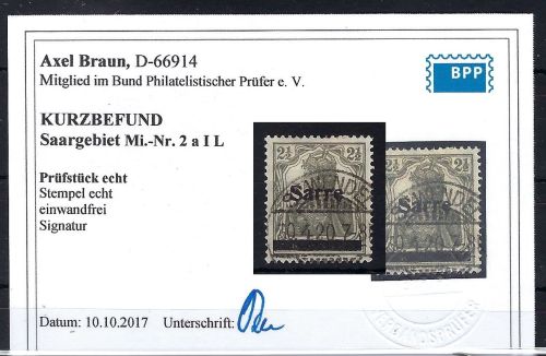 Saargebiet Mi 2 a IL ° einwandfrei, KB Braun BPP