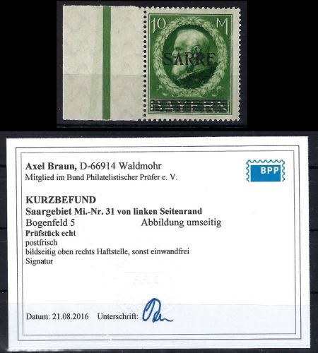 Saargebiet Mi 31 ** Randstück, ME 400€, KB Braun BPP